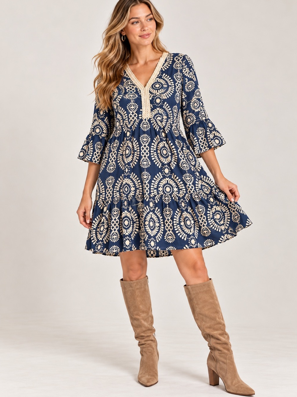 Italian made Navy and Cream Printed V-Neck Tiered Dress 100% cotton